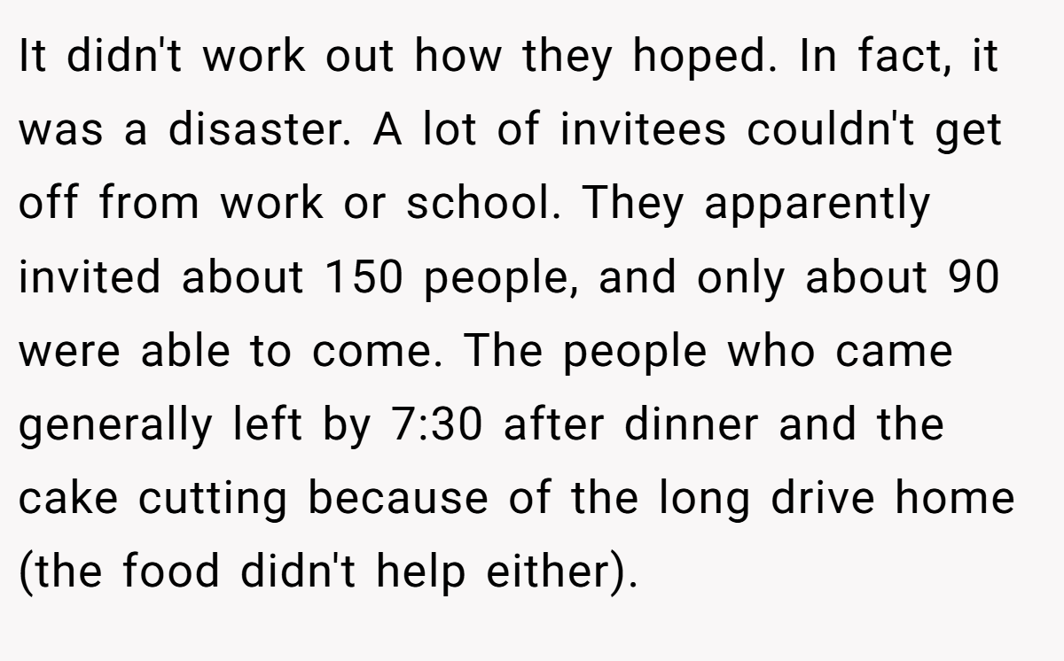 It didn't work out how they hoped. In fact, it was a disaster. A lot of invitees couldn't get off from work or school. They apparently invited about 150 people, and only about 90 were able to come. The people who came generally left by 7:30 after dinner and the cake cutting because of the long drive home (the food didn't help either).