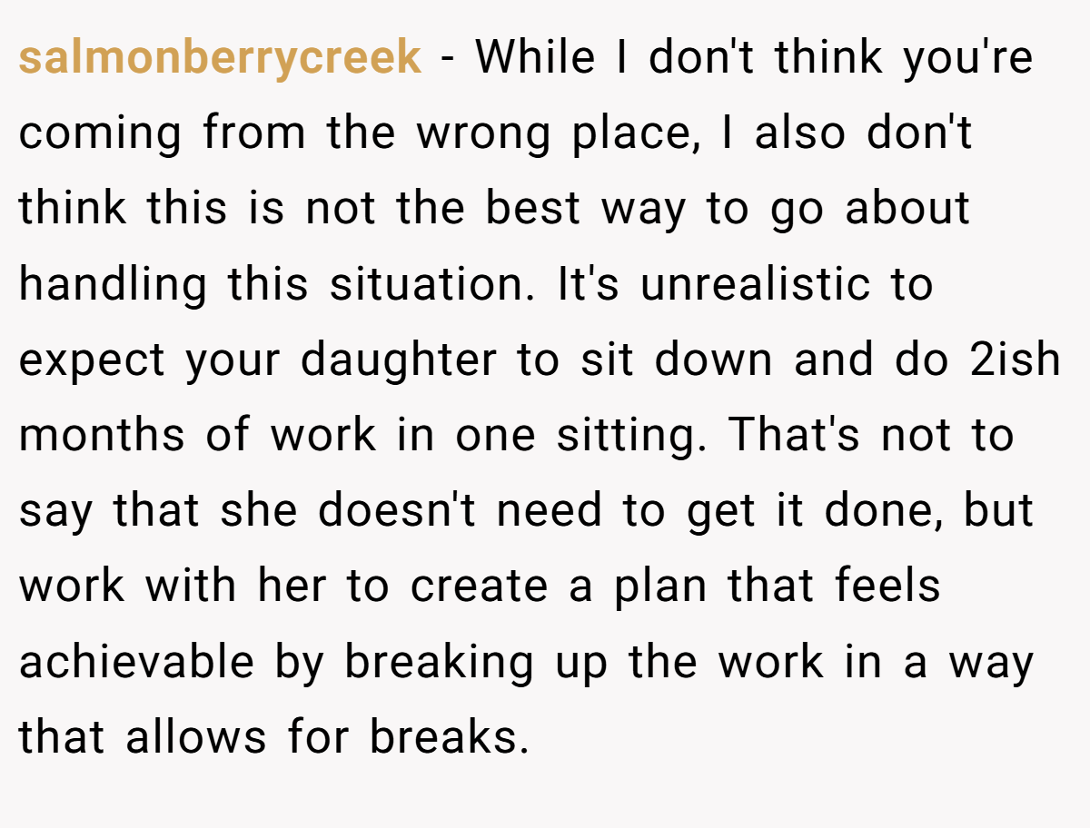 salmonberrycreek - While I don't think you're coming from the wrong place, I also don't think this is not the best way to go about handling this situation. It's unrealistic to expect your daughter to sit down and do 2ish months of work in one sitting. That's not to say that she doesn't need to get it done, but work with her to create a plan that feels achievable by breaking up the work in a way that allows for breaks.
