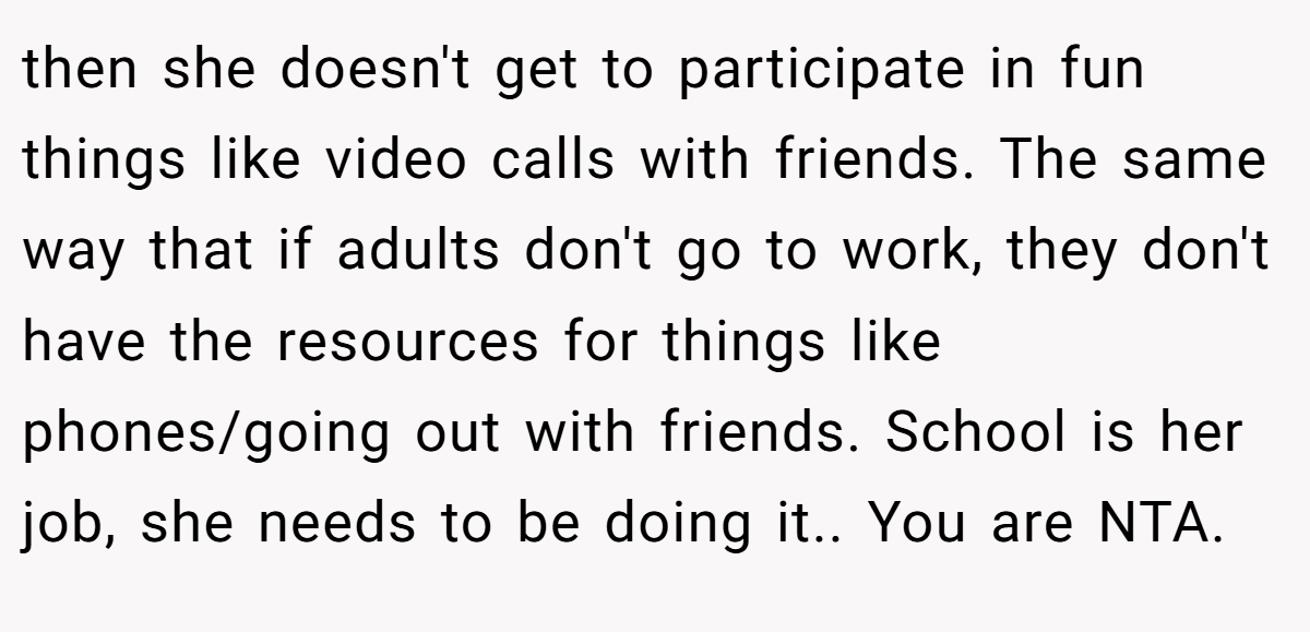 then she doesn't get to participate in fun things like video calls with friends. The same way that if adults don't go to work, they don't have the resources for things like phones/going out with friends. School is her job, she needs to be doing it.. You are NTA.