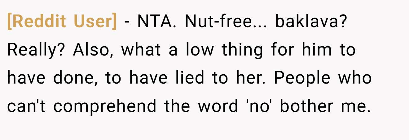 [Reddit User] - NTA. Nut-free... baklava? Really? Also, what a low thing for him to have done, to have lied to her. People who can't comprehend the word 'no' bother me.
