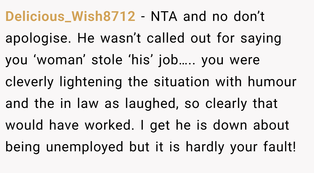 Delicious_Wish8712 - NTA and no don’t apologise. He wasn’t called out for saying you ‘woman’ stole ‘his’ job….. you were cleverly lightening the situation with humour and the in law as laughed, so clearly that would have worked. I get he is down about being unemployed but it is hardly your fault!