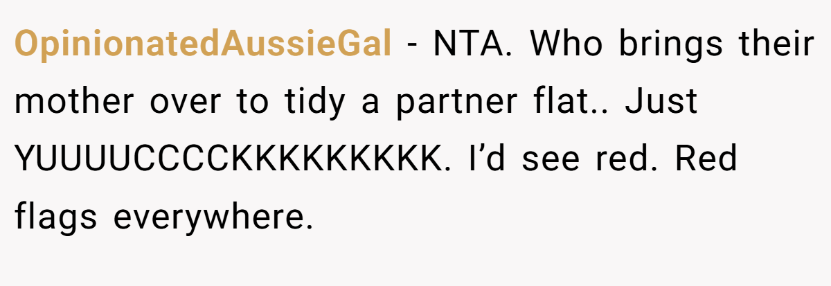 OpinionatedAussieGal − NTA. Who brings their mother over to tidy a partner flat.. Just YUUUUCCCCKKKKKKKKK. I’d see red. Red flags everywhere.