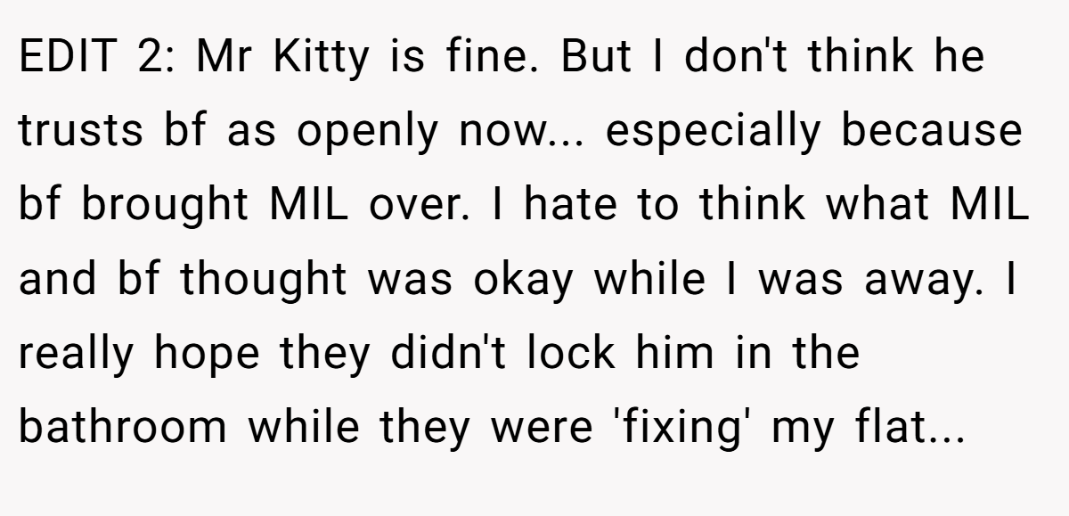 EDIT 2: Mr Kitty is fine. But I don't think he trusts bf as openly now... especially because bf brought MIL over. I hate to think what MIL and bf thought was okay while I was away. I really hope they didn't lock him in the bathroom while they were 'fixing' my flat...