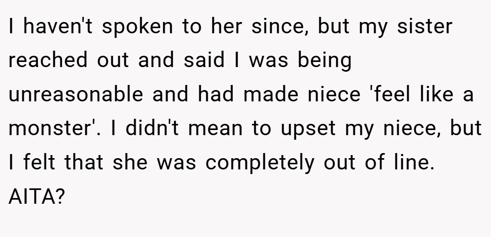 I haven't spoken to her since, but my sister reached out and said I was being unreasonable and had made niece 'feel like a monster'. I didn't mean to upset my niece, but I felt that she was completely out of line. AITA?