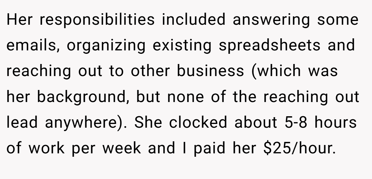 Her responsibilities included answering some emails, organizing existing spreadsheets and reaching out to other business (which was her background, but none of the reaching out lead anywhere). She clocked about 5-8 hours of work per week and I paid her $25/hour.