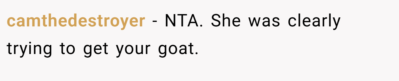 camthedestroyer - NTA. She was clearly trying to get your goat.