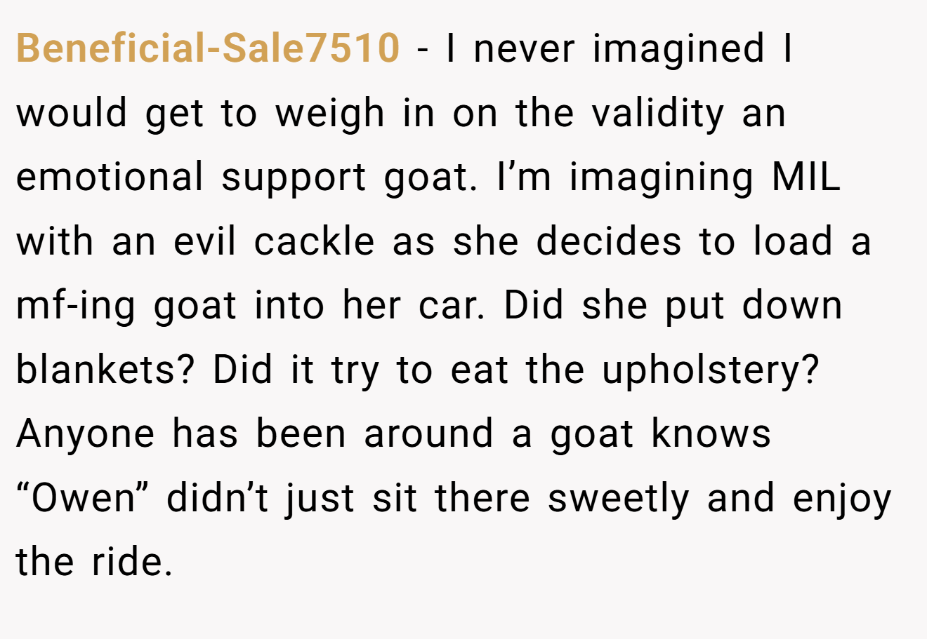Beneficial-Sale7510 - I never imagined I would get to weigh in on the validity an emotional support goat. I’m imagining MIL with an evil cackle as she decides to load a mf-ing goat into her car. Did she put down blankets? Did it try to eat the upholstery? Anyone has been around a goat knows “Owen” didn’t just sit there sweetly and enjoy the ride.