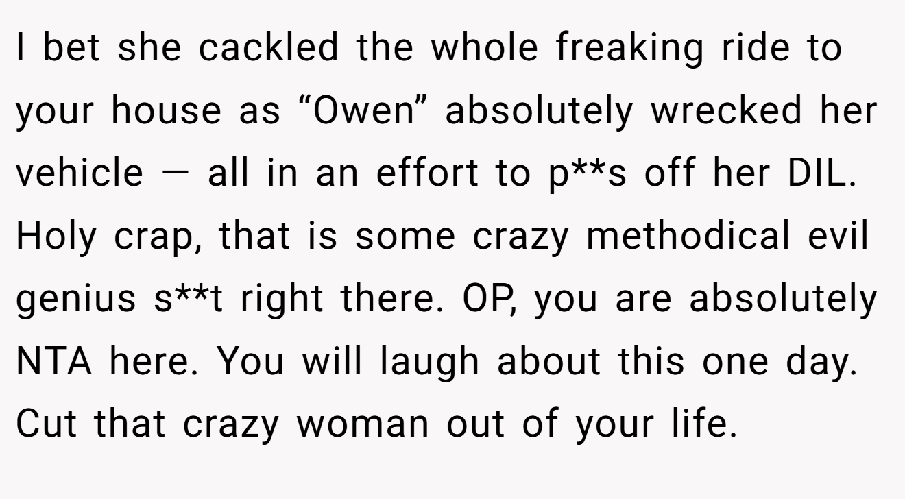 I bet she cackled the whole freaking ride to your house as “Owen” absolutely wrecked her vehicle — all in an effort to p**s off her DIL. Holy crap, that is some crazy methodical evil genius s**t right there. OP, you are absolutely NTA here. You will laugh about this one day. Cut that crazy woman out of your life.