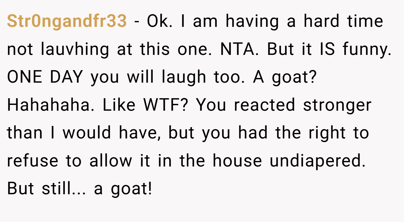 Str0ngandfr33 - Ok. I am having a hard time not lauvhing at this one. NTA. But it IS funny. ONE DAY you will laugh too. A goat? Hahahaha. Like WTF? You reacted stronger than I would have, but you had the right to refuse to allow it in the house undiapered. But still... a goat!