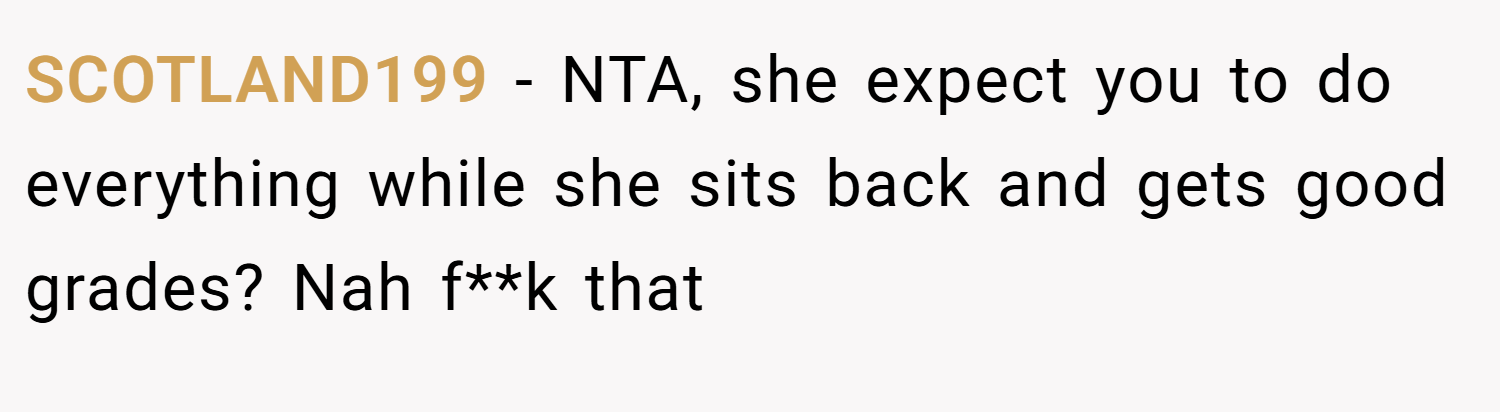 SCOTLAND199 − NTA, she expect you to do everything while she sits back and gets good grades? Nah f**k that