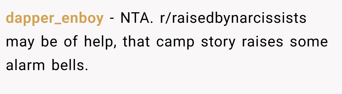 dapper_enboy − NTA. r/raisedbynarcissists may be of help, that camp story raises some alarm bells.