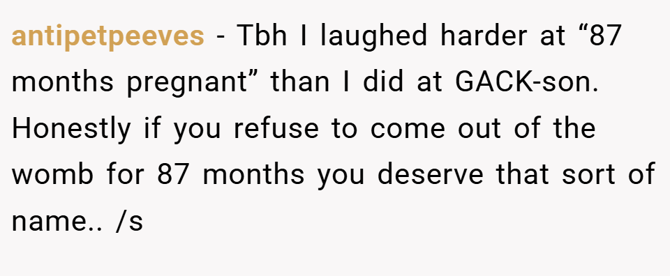 antipetpeeves − Tbh I laughed harder at “87 months pregnant” than I did at GACK-son. Honestly if you refuse to come out of the womb for 87 months you deserve that sort of name.. /s