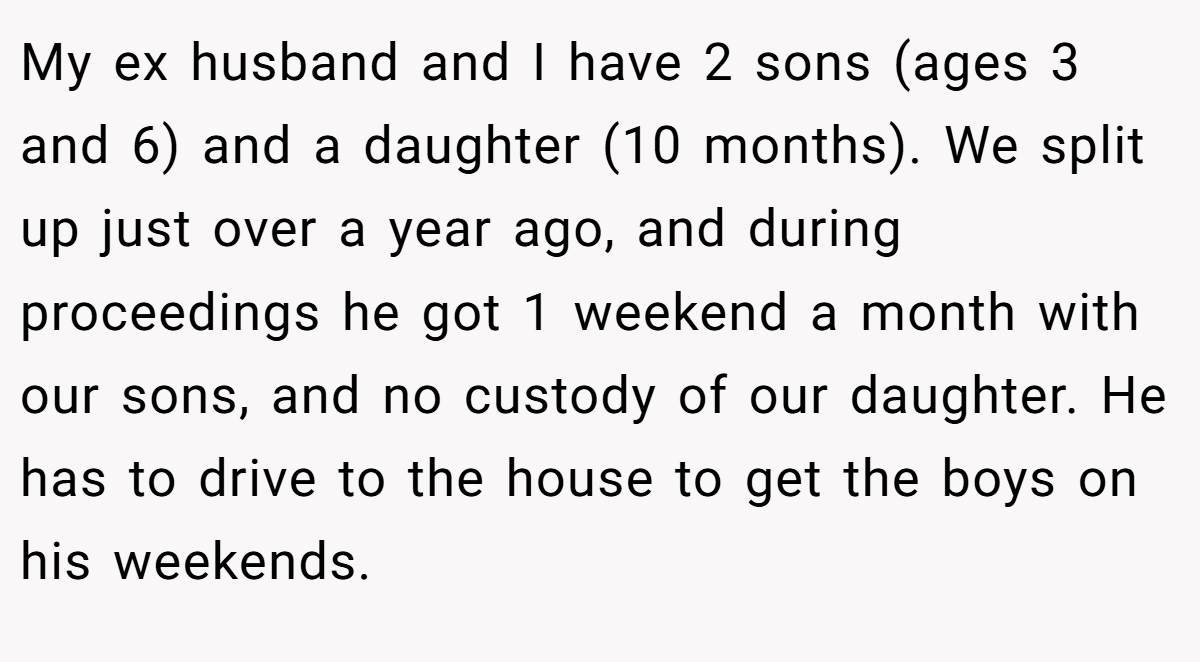 My ex husband and I have 2 sons (ages 3 and 6) and a daughter (10 months). We split up just over a year ago, and during proceedings he got 1 weekend a month with our sons, and no custody of our daughter. He has to drive to the house to get the boys on his weekends.