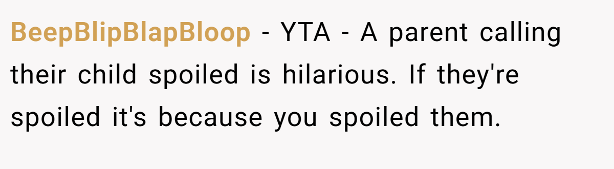BeepBlipBlapBloop − YTA - A parent calling their child spoiled is hilarious. If they're spoiled it's because you spoiled them.