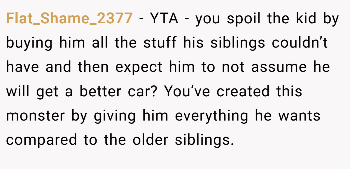 Flat_Shame_2377 − YTA - you spoil the kid by buying him all the stuff his siblings couldn’t have and then expect him to not assume he will get a better car? You’ve created this monster by giving him everything he wants compared to the older siblings.