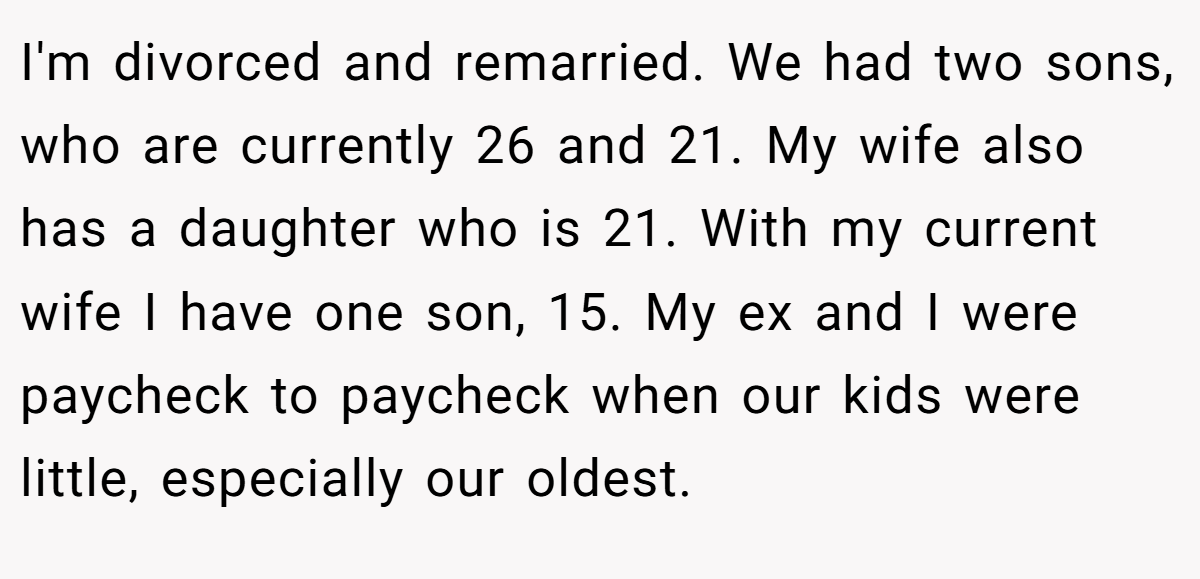I'm divorced and remarried. We had two sons, who are currently 26 and 21. My wife also has a daughter who is 21. With my current wife I have one son, 15. My ex and I were paycheck to paycheck when our kids were little, especially our oldest.