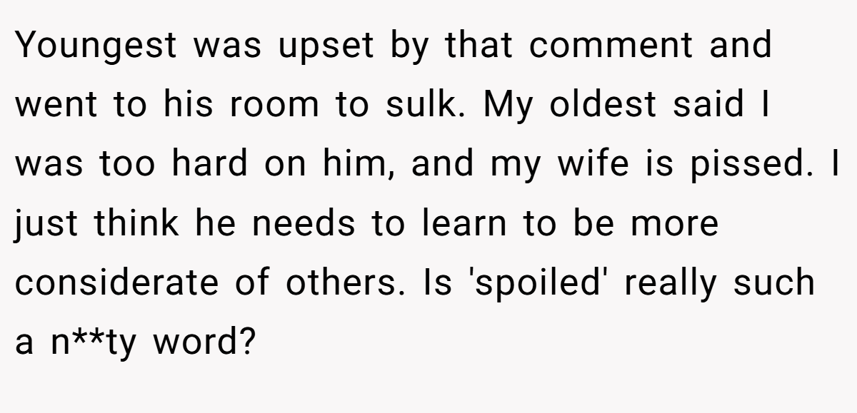 Youngest was upset by that comment and went to his room to sulk. My oldest said I was too hard on him, and my wife is pissed. I just think he needs to learn to be more considerate of others. Is 'spoiled' really such a n**ty word?