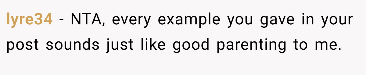 lyre34 − NTA, every example you gave in your post sounds just like good parenting to me.
