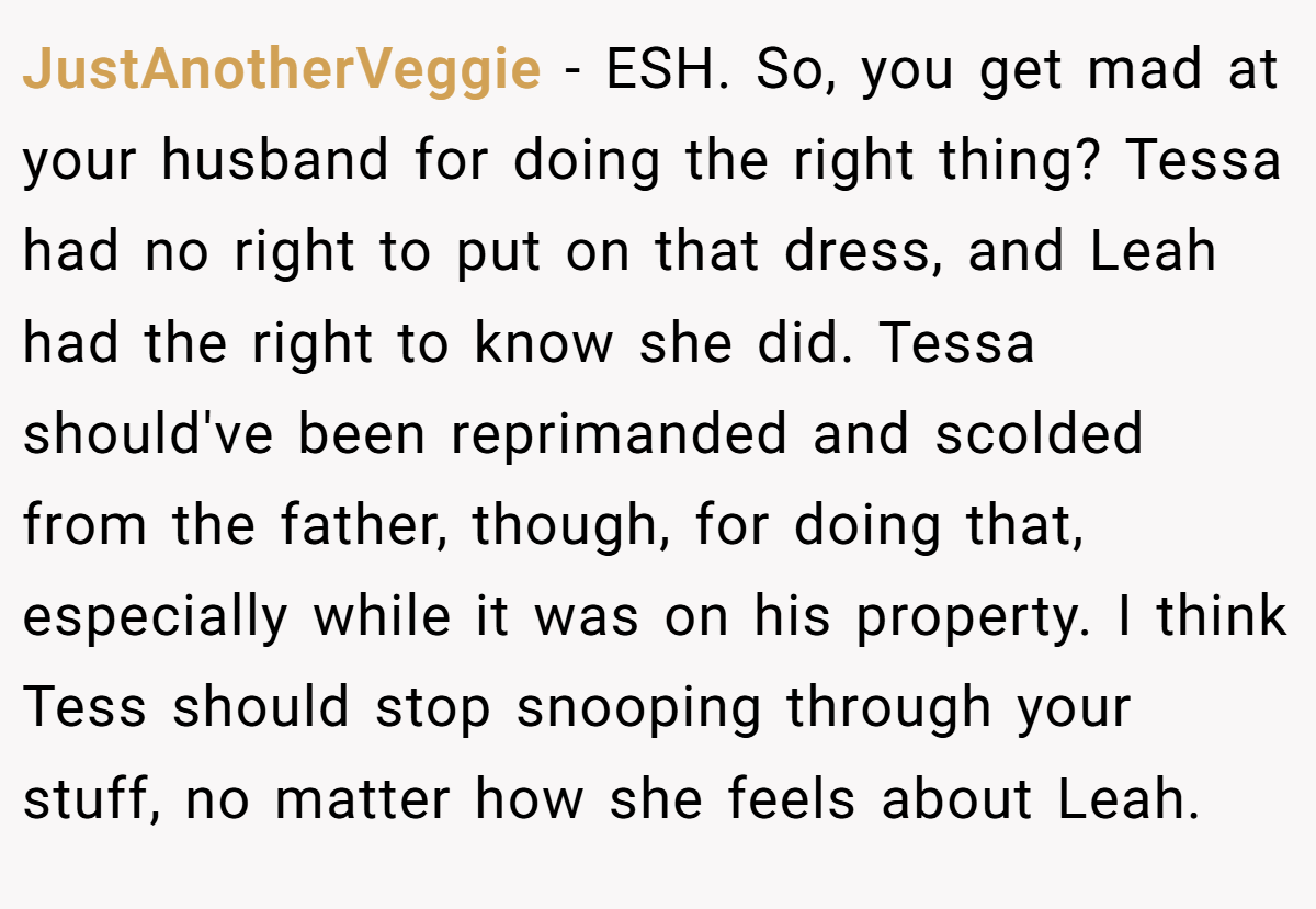JustAnotherVeggie − ESH. So, you get mad at your husband for doing the right thing? Tessa had no right to put on that dress, and Leah had the right to know she did. Tessa should've been reprimanded and scolded from the father, though, for doing that, especially while it was on his property. I think Tess should stop snooping through your stuff, no matter how she feels about Leah.
