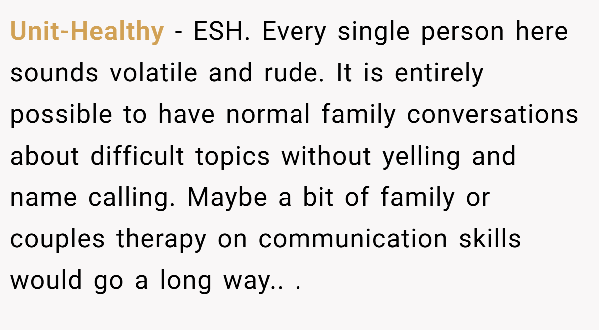 Unit-Healthy − ESH. Every single person here sounds volatile and rude. It is entirely possible to have normal family conversations about difficult topics without yelling and name calling. Maybe a bit of family or couples therapy on communication skills would go a long way.. ​.