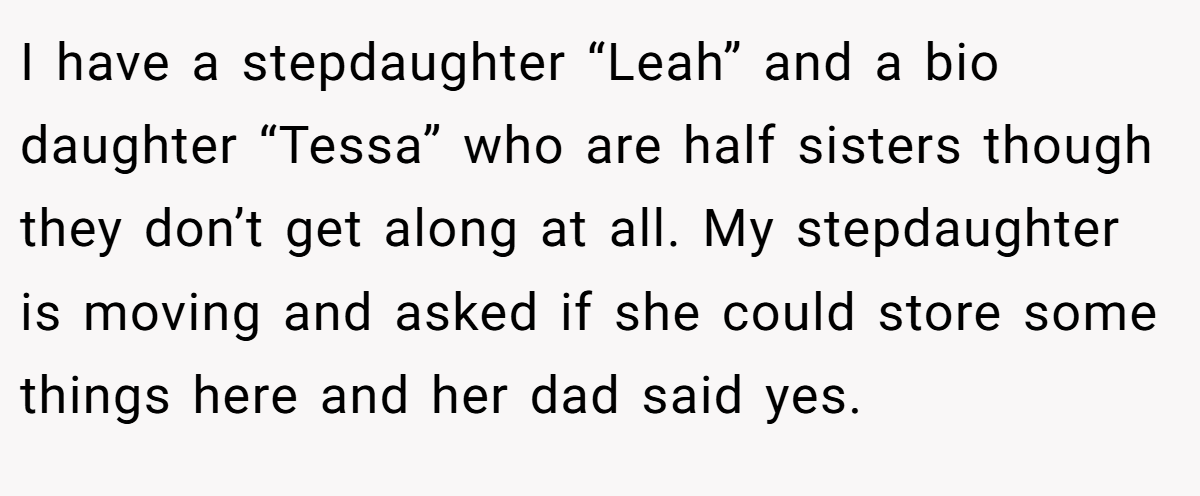 I have a stepdaughter “Leah” and a bio daughter “Tessa” who are half sisters though they don’t get along at all. My stepdaughter is moving and asked if she could store some things here and her dad said yes.