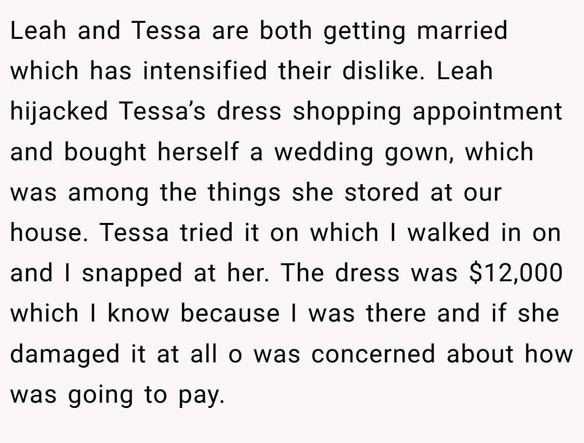 Leah and Tessa are both getting married which has intensified their dislike. Leah hijacked Tessa’s dress shopping appointment and bought herself a wedding gown, which was among the things she stored at our house. Tessa tried it on which I walked in on and I snapped at her. The dress was $12,000 which I know because I was there and if she damaged it at all o was concerned about how was going to pay.