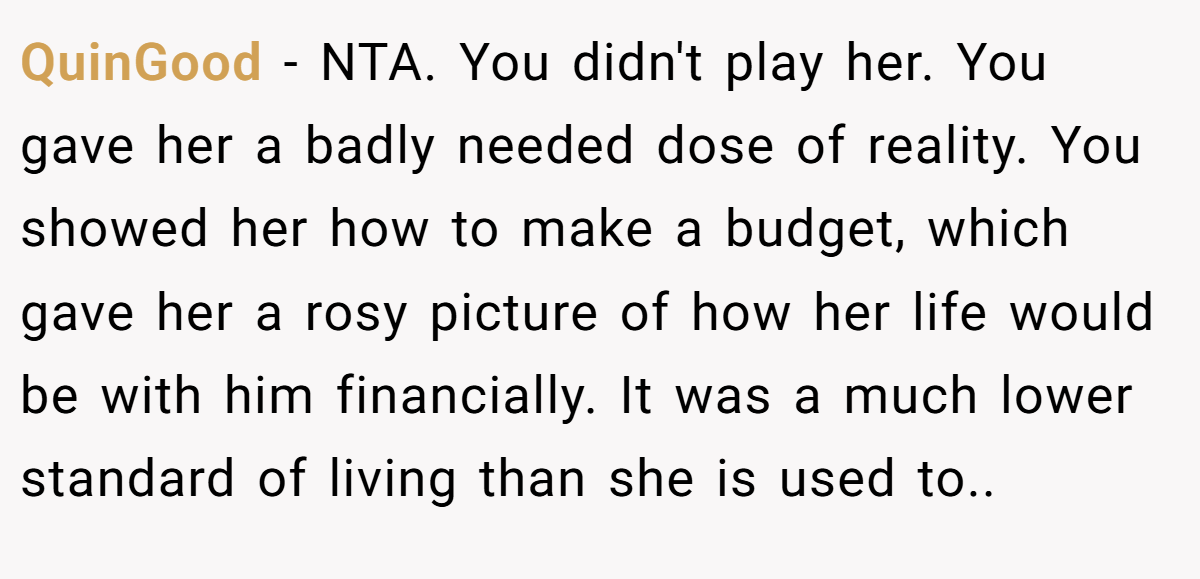 QuinGood − NTA. You didn't play her. You gave her a badly needed dose of reality. You showed her how to make a budget, which gave her a rosy picture of how her life would be with him financially. It was a much lower standard of living than she is used to..