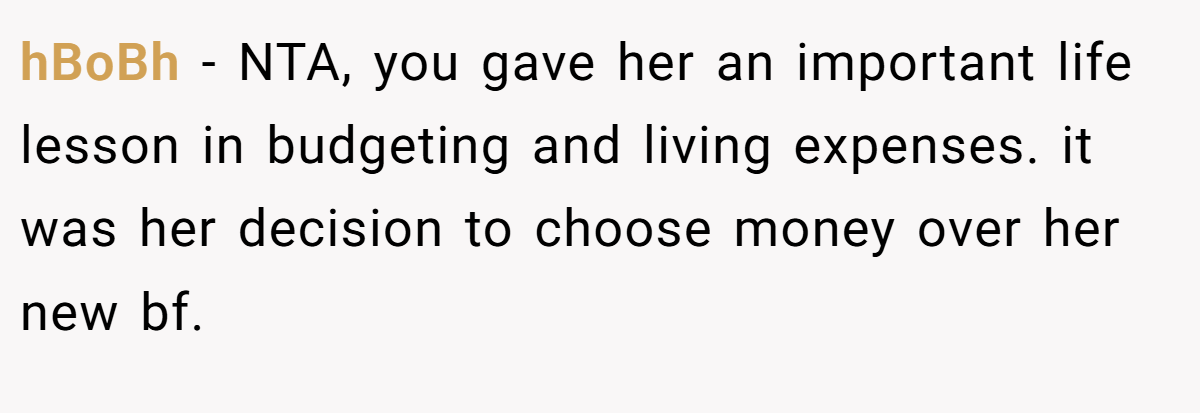 hBoBh − NTA, you gave her an important life lesson in budgeting and living expenses. it was her decision to choose money over her new bf.