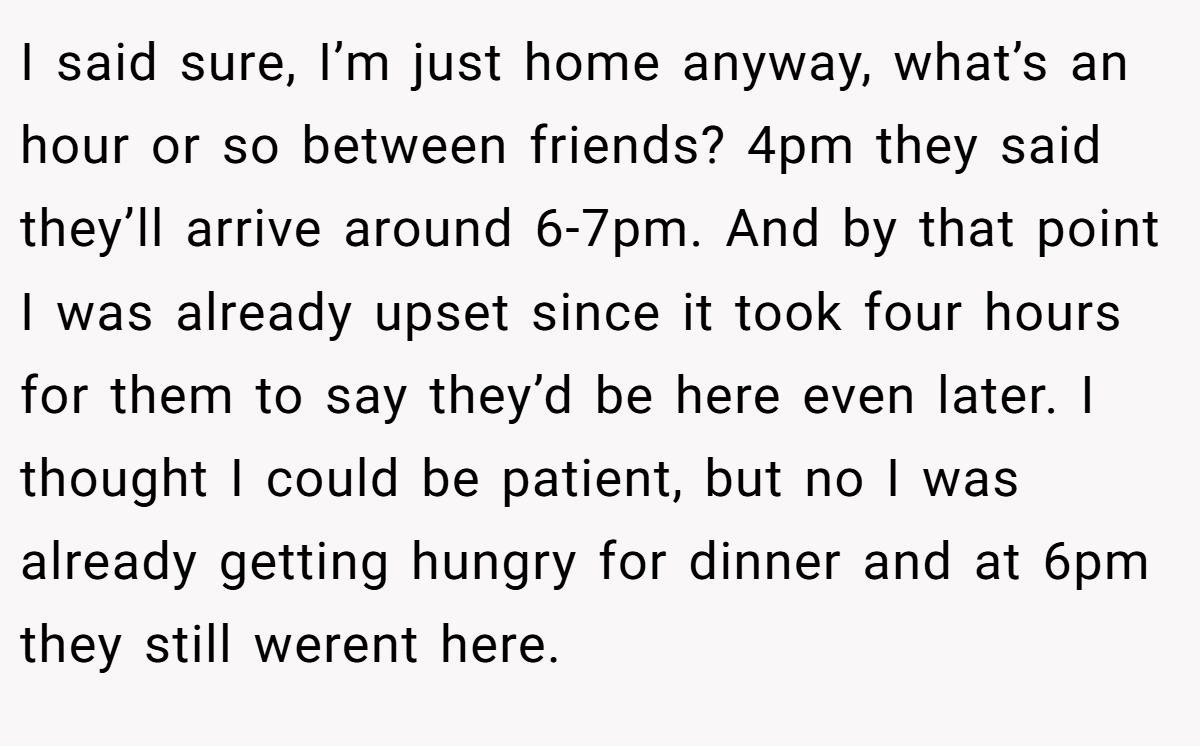 I said sure, I’m just home anyway, what’s an hour or so between friends? 4pm they said they’ll arrive around 6-7pm. And by that point I was already upset since it took four hours for them to say they’d be here even later. I thought I could be patient, but no I was already getting hungry for dinner and at 6pm they still werent here.