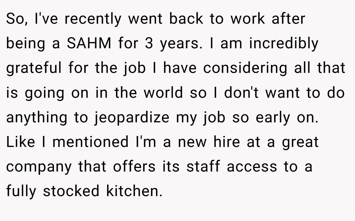 So, I've recently went back to work after being a SAHM for 3 years. I am incredibly grateful for the job I have considering all that is going on in the world so I don't want to do anything to jeopardize my job so early on. Like I mentioned I'm a new hire at a great company that offers its staff access to a fully stocked kitchen.