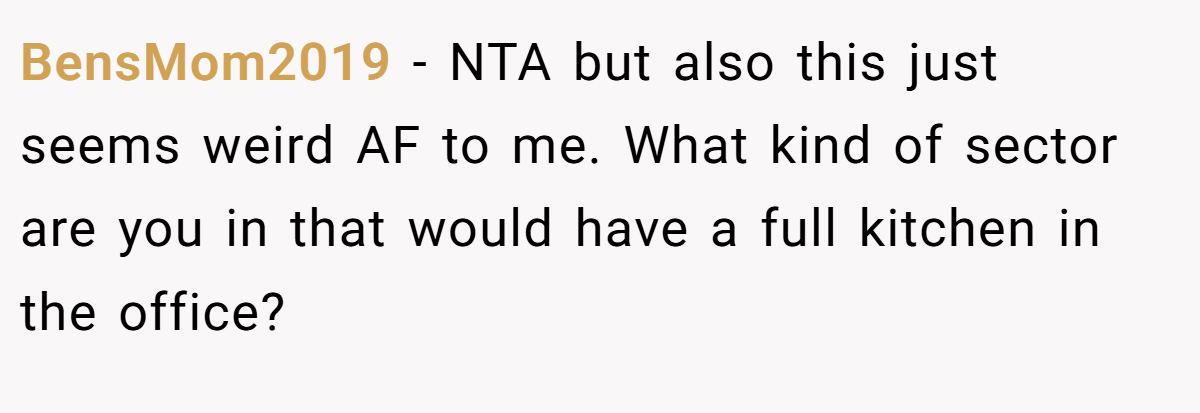 BensMom2019 - NTA but also this just seems weird AF to me. What kind of sector are you in that would have a full kitchen in the office?