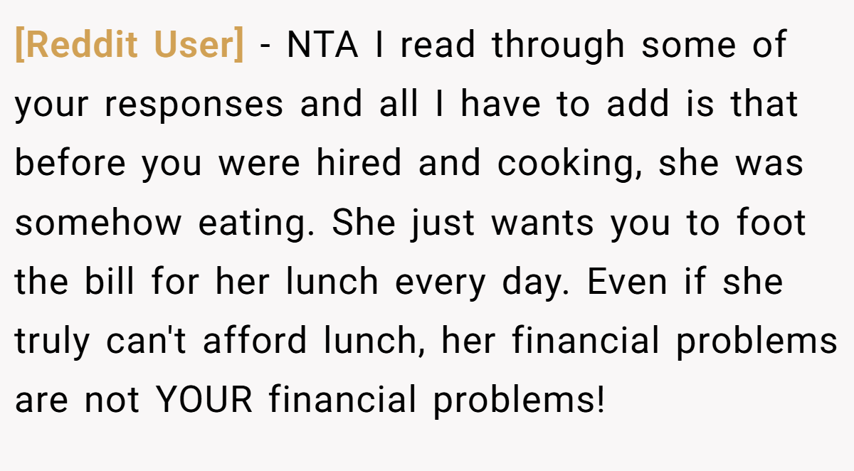 [Reddit User] - NTA I read through some of your responses and all I have to add is that before you were hired and cooking, she was somehow eating. She just wants you to foot the bill for her lunch every day. Even if she truly can't afford lunch, her financial problems are not YOUR financial problems!