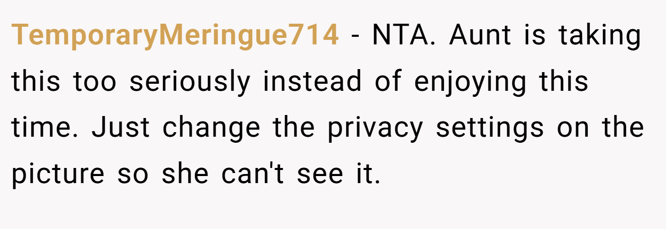TemporaryMeringue714 - NTA. Aunt is taking this too seriously instead of enjoying this time. Just change the privacy settings on the picture so she can't see it.