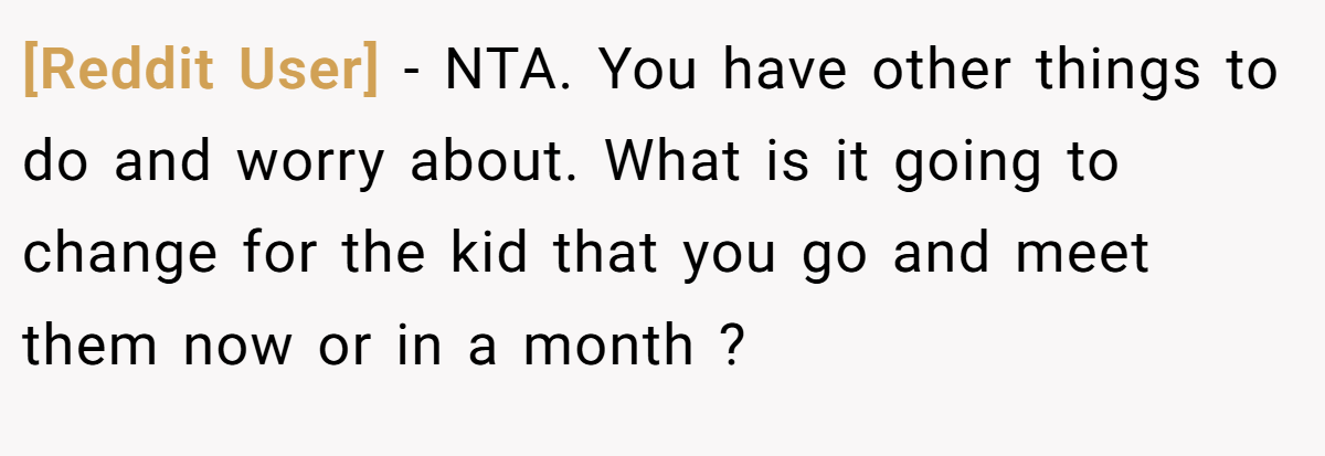 [Reddit User] − NTA. You have other things to do and worry about. What is it going to change for the kid that you go and meet them now or in a month ?