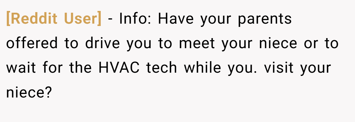 [Reddit User] − Info: Have your parents offered to drive you to meet your niece or to wait for the HVAC tech while you. visit your niece?