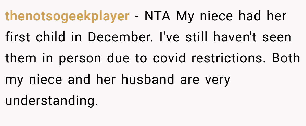 thenotsogeekplayer − NTA My niece had her first child in December. I've still haven't seen them in person due to covid restrictions. Both my niece and her husband are very understanding.
