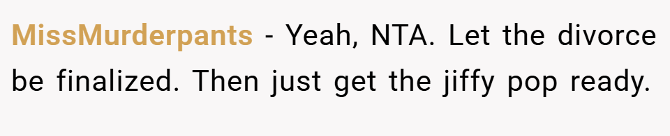 MissMurderpants − Yeah, NTA. Let the divorce be finalized. Then just get the jiffy pop ready.