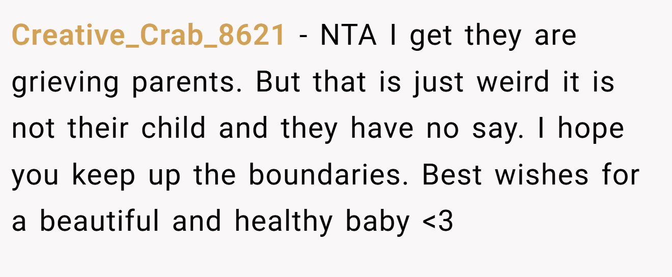 Creative_Crab_8621 - NTA I get they are grieving parents. But that is just weird it is not their child and they have no say. I hope you keep up the boundaries. Best wishes for a beautiful and healthy baby <3
