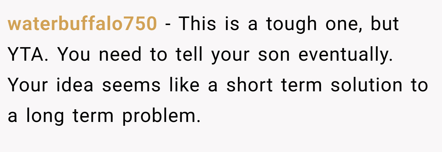 waterbuffalo750 − This is a tough one, but YTA. You need to tell your son eventually. Your idea seems like a short term solution to a long term problem.