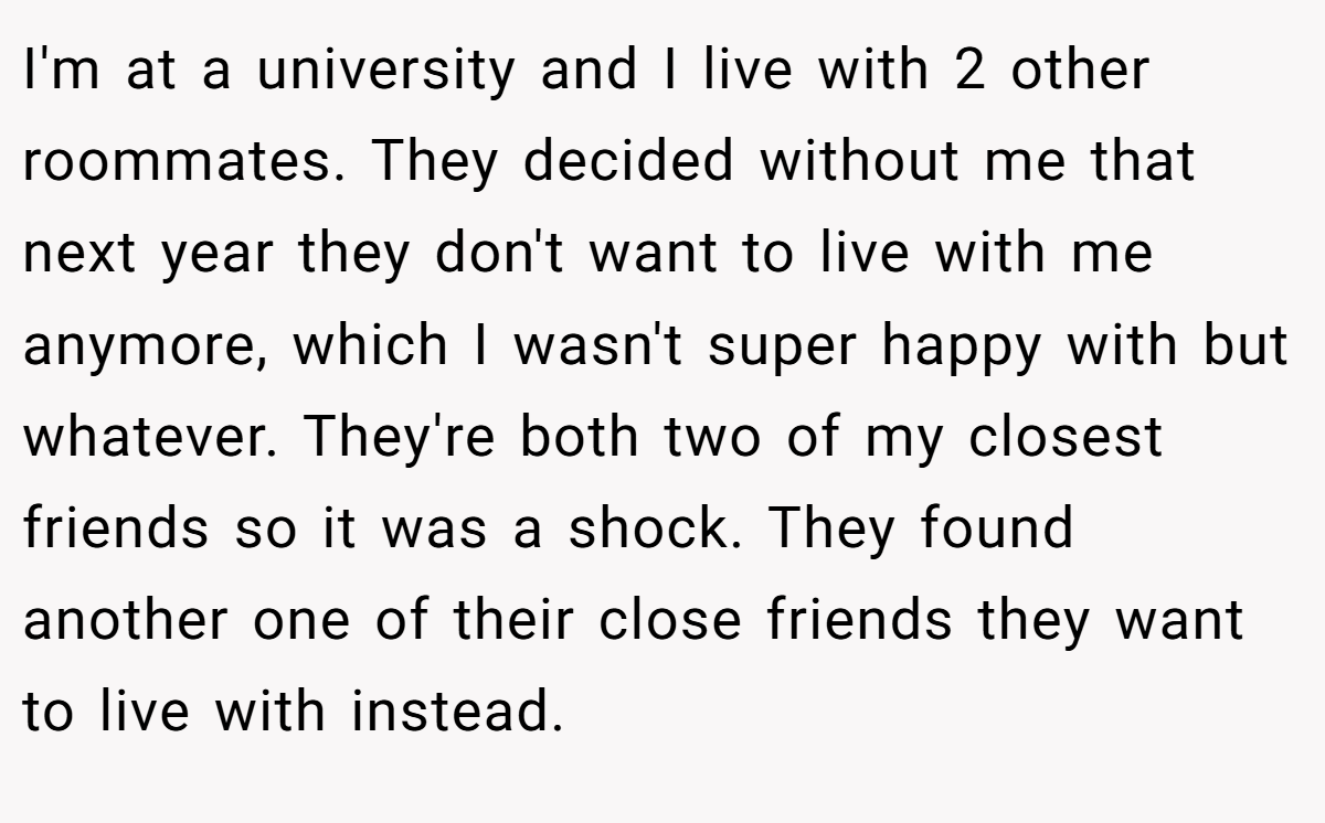 I'm at a university and I live with 2 other roommates. They decided without me that next year they don't want to live with me anymore, which I wasn't super happy with but whatever. They're both two of my closest friends so it was a shock. They found another one of their close friends they want to live with instead.