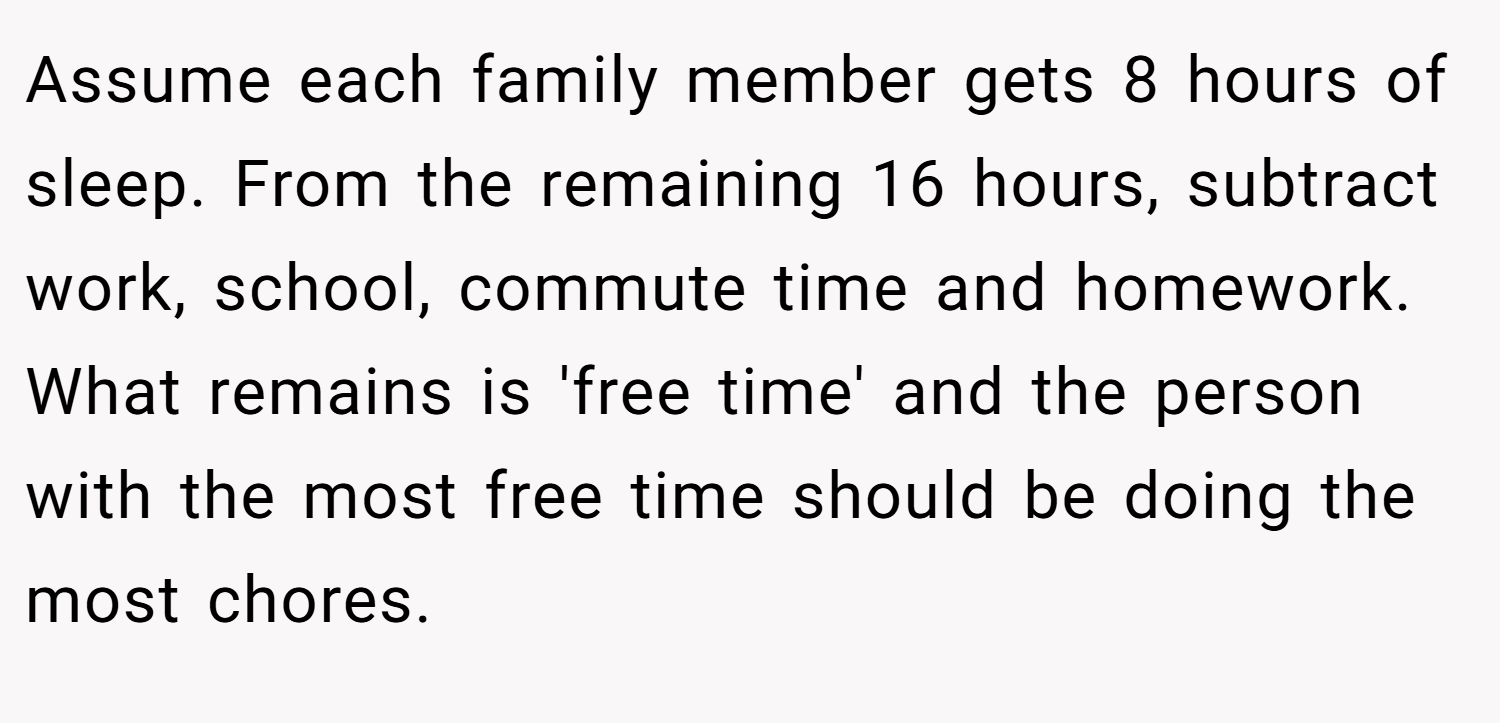 Assume each family member gets 8 hours of sleep. From the remaining 16 hours, subtract work, school, commute time and homework. What remains is 'free time' and the person with the most free time should be doing the most chores.
