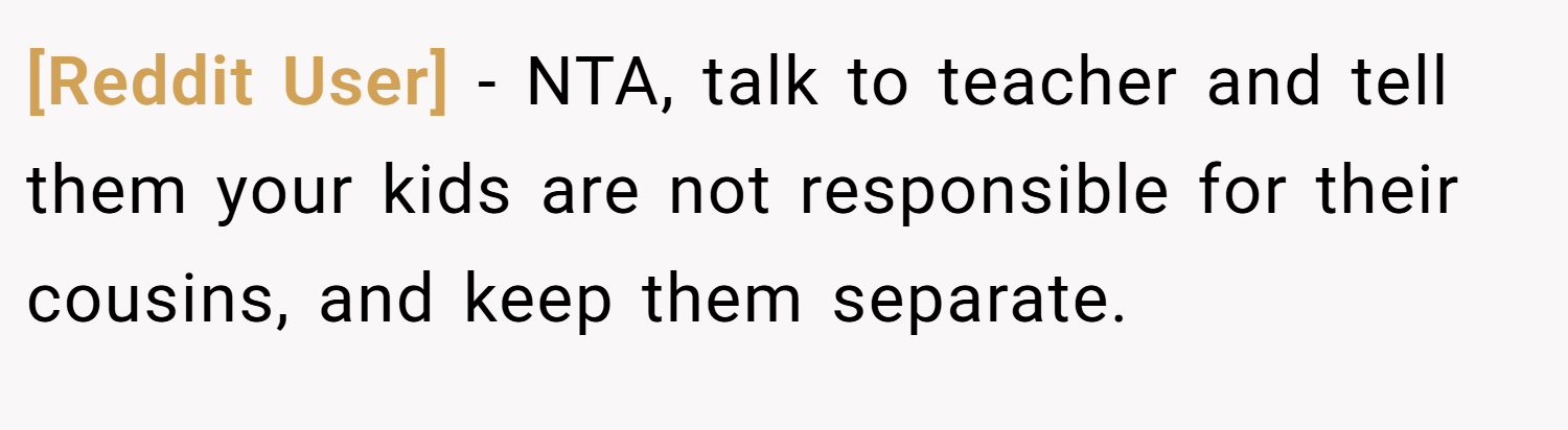 [Reddit User] − NTA, talk to teacher and tell them your kids are not responsible for their cousins, and keep them separate.