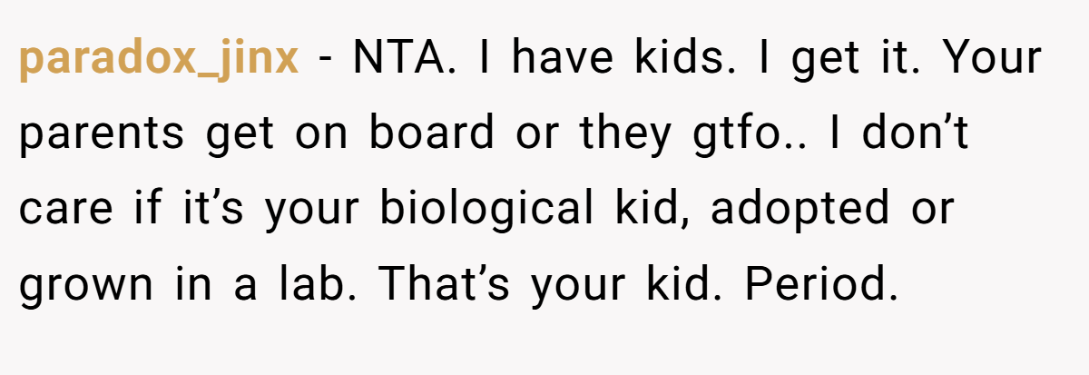 paradox_jinx − NTA. I have kids. I get it. Your parents get on board or they gtfo.. I don’t care if it’s your biological kid, adopted or grown in a lab. That’s your kid. Period.