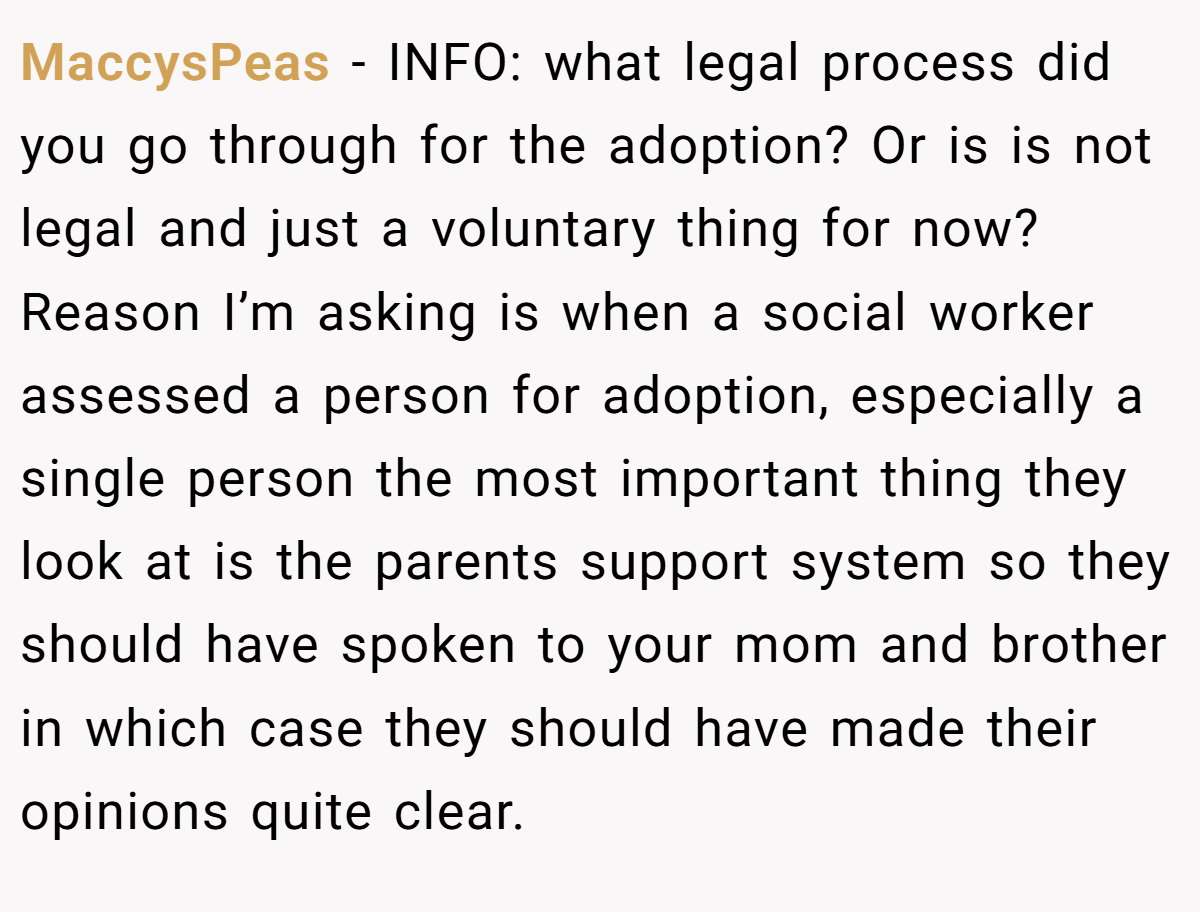 MaccysPeas − INFO: what legal process did you go through for the adoption? Or is is not legal and just a voluntary thing for now? Reason I’m asking is when a social worker assessed a person for adoption, especially a single person the most important thing they look at is the parents support system so they should have spoken to your mom and brother in which case they should have made their opinions quite clear.