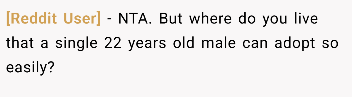 [Reddit User] − NTA. But where do you live that a single 22 years old male can adopt so easily?