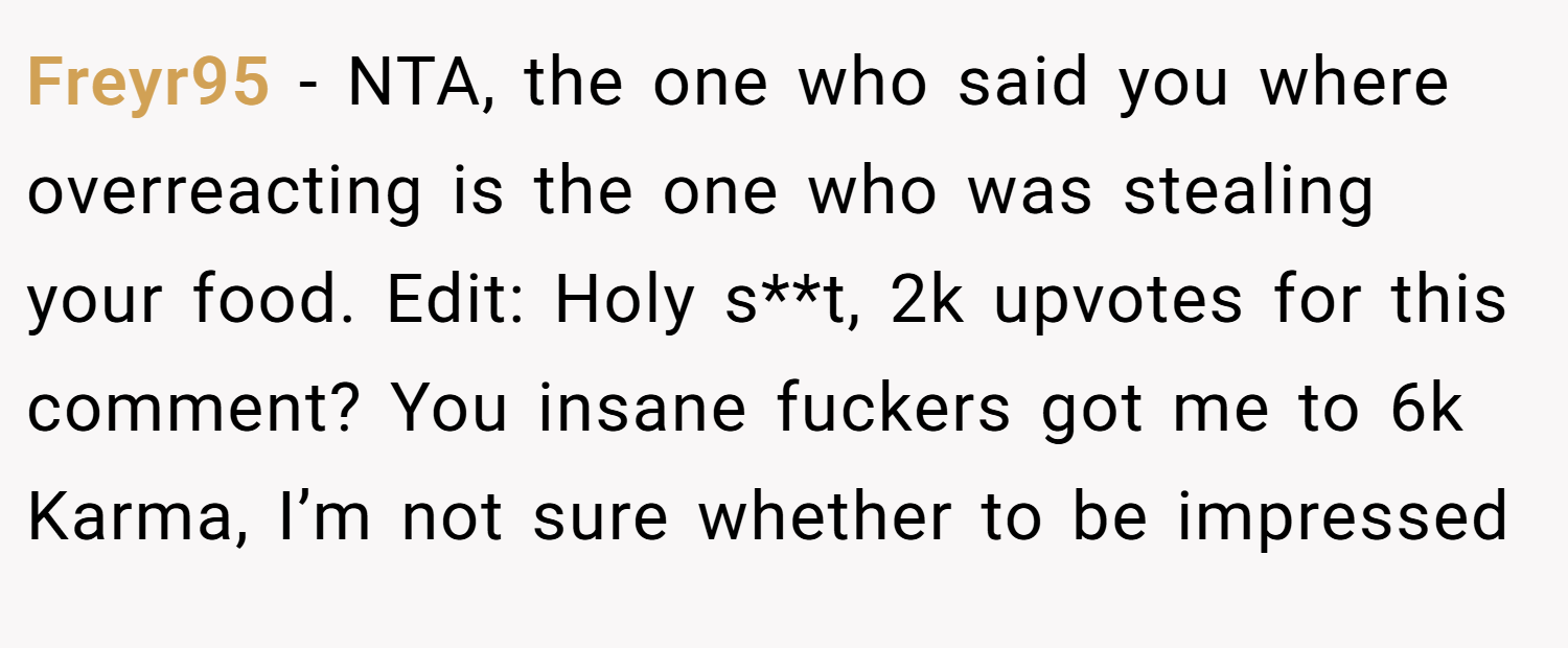 Freyr95 − NTA, the one who said you where overreacting is the one who was stealing your food. Edit: Holy s**t, 2k upvotes for this comment? You insane fuckers got me to 6k Karma, I’m not sure whether to be impressed