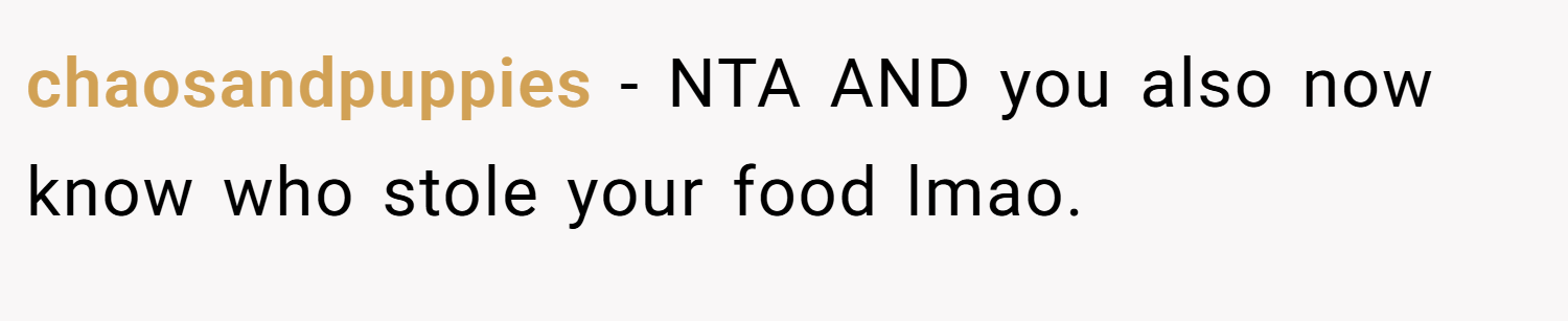 chaosandpuppies − NTA AND you also now know who stole your food lmao.