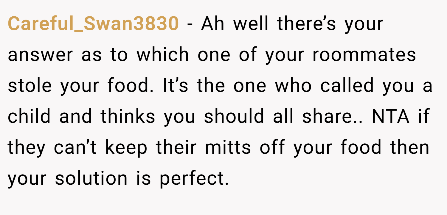 Careful_Swan3830 − Ah well there’s your answer as to which one of your roommates stole your food. It’s the one who called you a child and thinks you should all share.. NTA if they can’t keep their mitts off your food then your solution is perfect.