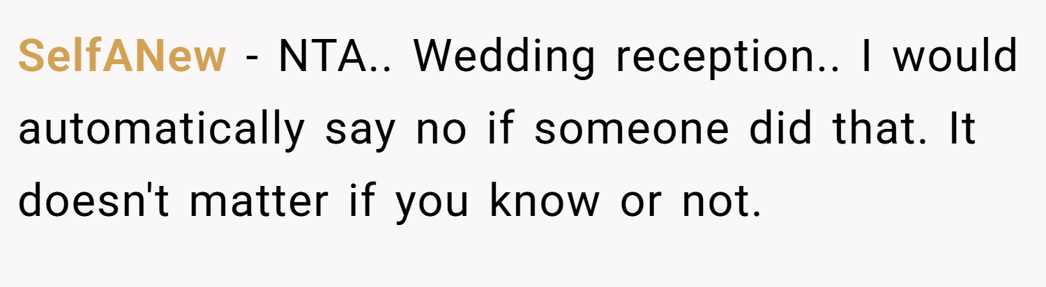 SelfANew − NTA.. Wedding reception.. I would automatically say no if someone did that. It doesn't matter if you know or not.