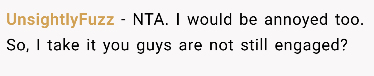 UnsightlyFuzz − NTA. I would be annoyed too. So, I take it you guys are not still engaged?